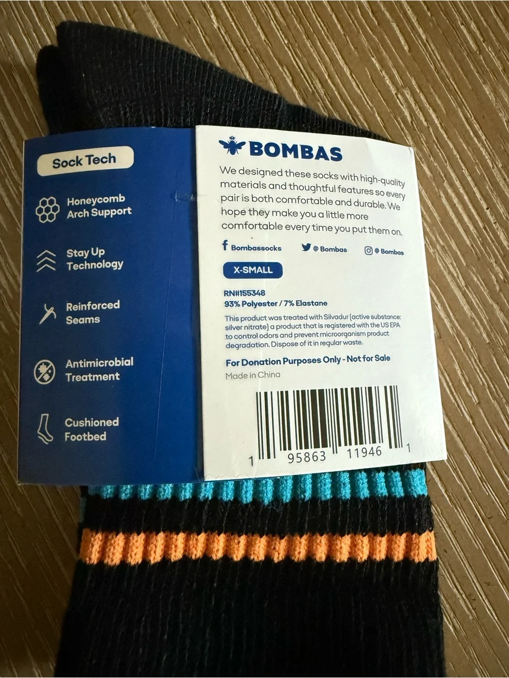 Bombas Youth XS Black Athletic Crew Socks with Blue & Orange Accents 2 Pack NWT
